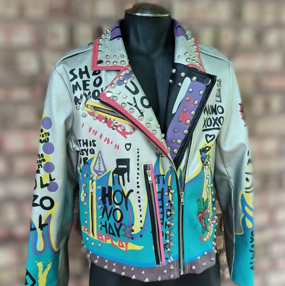 Robert Phillipe Graphic Cropped Jacket Faux Leather Biker Rocker Studded XL - Picture 10 of 13